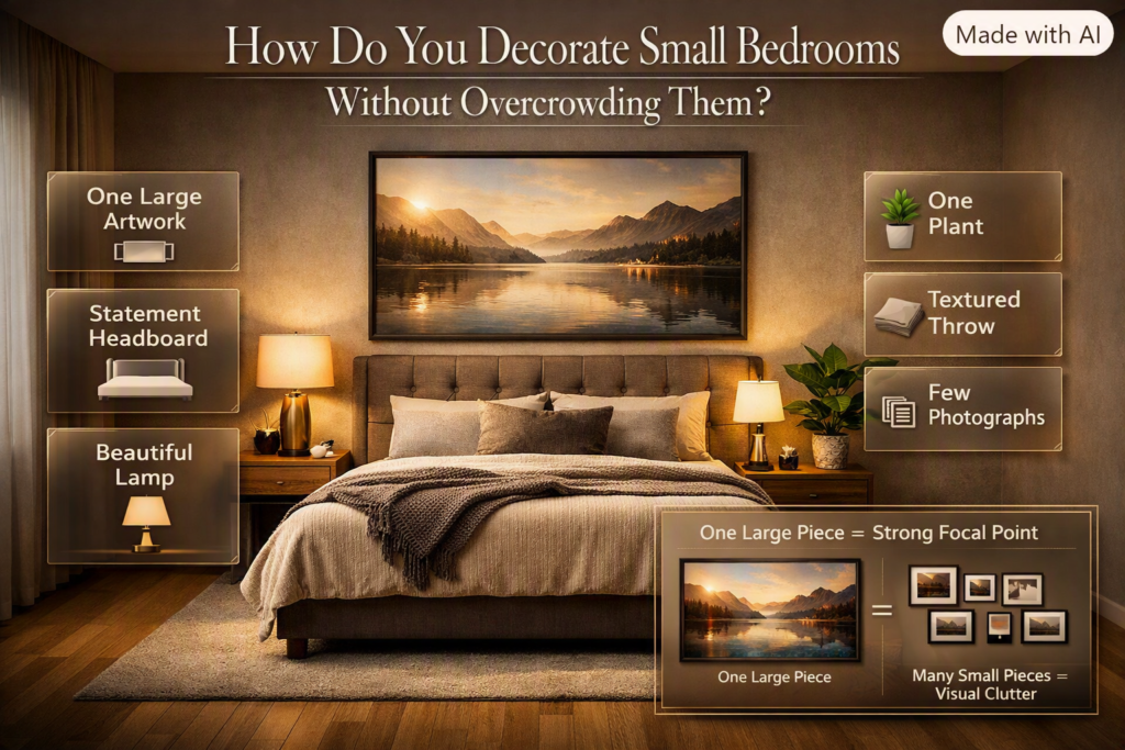Small bedroom decorated with one large artwork, statement headboard, lamp, plant, textured throw, and minimal photographs.