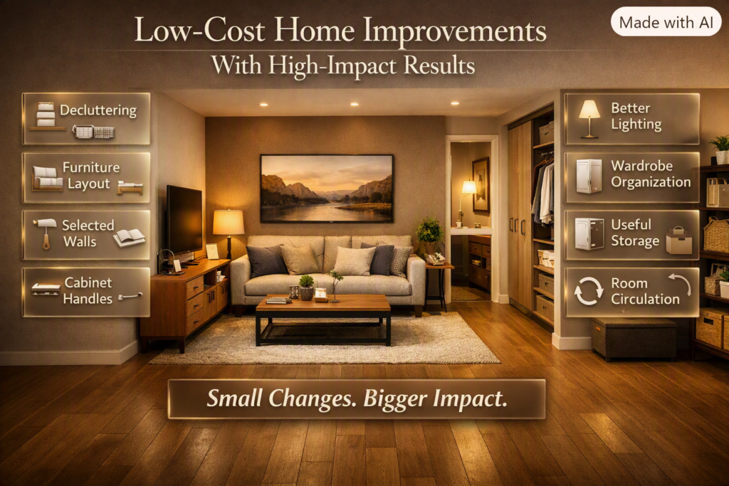 Low-cost home improvements including decluttering, furniture rearranging, repainting, lighting, storage, and updated cabinet hardware.