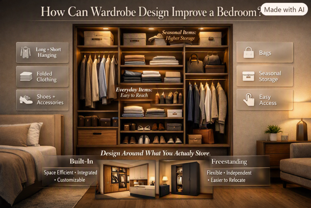 Bedroom wardrobe design with organized clothing storage, built-in and freestanding options, shoes, bags, accessories, and seasonal items.