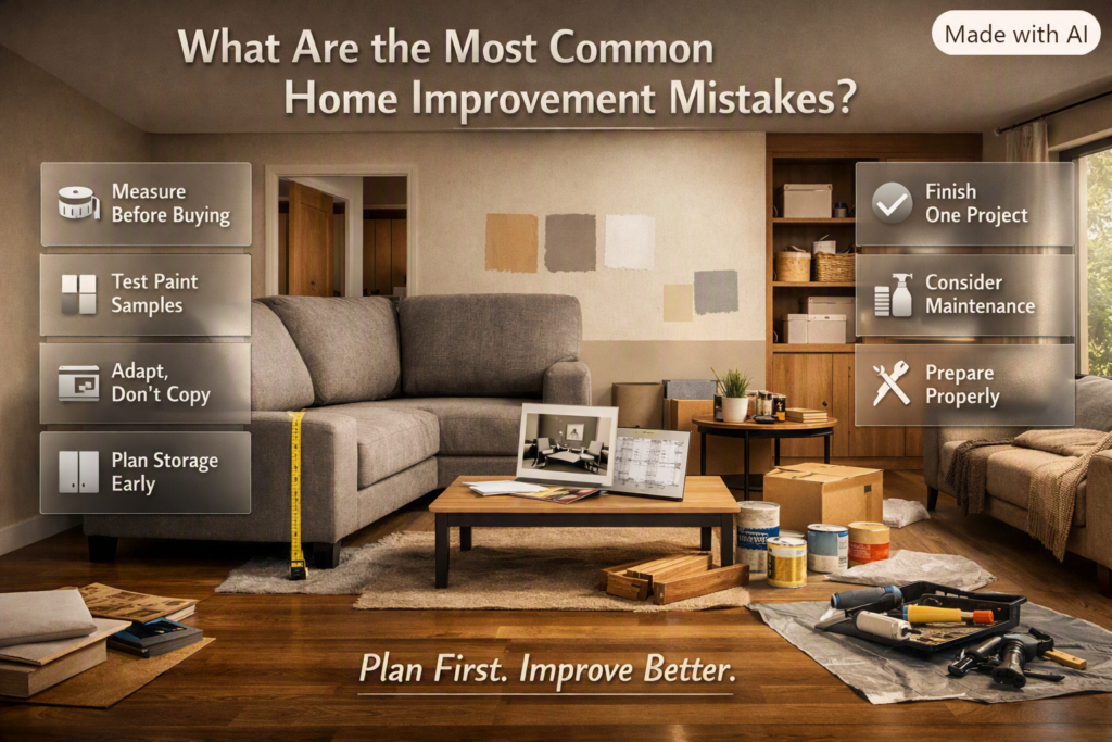 Seven common home improvement mistakes including poor measuring, paint choices, ignored storage, rushed projects, and inadequate preparation.