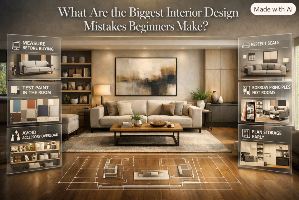 Common beginner interior design mistakes including poor measurements, wrong paint choices, clutter, bad scale, copying rooms, and weak storage.
