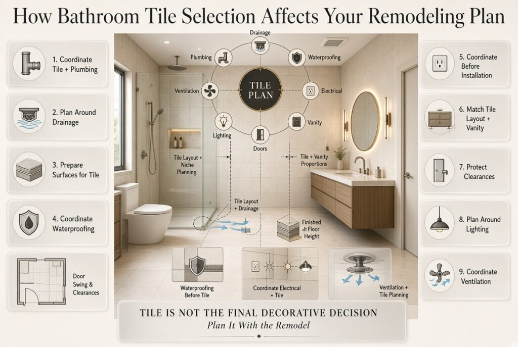 Bathroom tile planning coordinated with plumbing, drainage, waterproofing, electrical, vanity dimensions, doors, lighting, and ventilation.