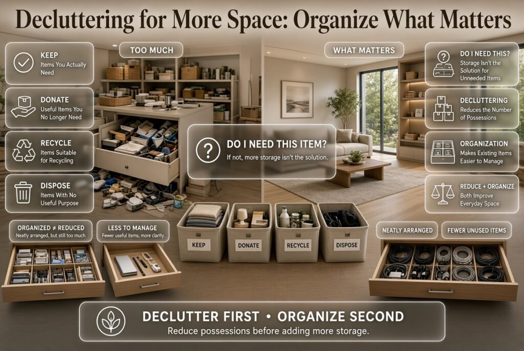 Decluttering for more space using keep, donate, recycle, and dispose categories to reduce physical and visual clutter at home.