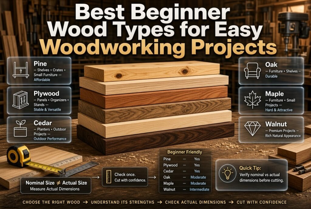Beginner woodworking guide comparing pine, plywood, cedar, oak, maple, and walnut with lumber sizes and project uses.