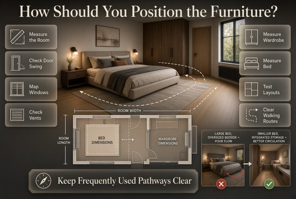 Bedroom furniture layout showing bed placement, clear walking paths, door and window positions, wardrobe dimensions, and narrow-room solutions.