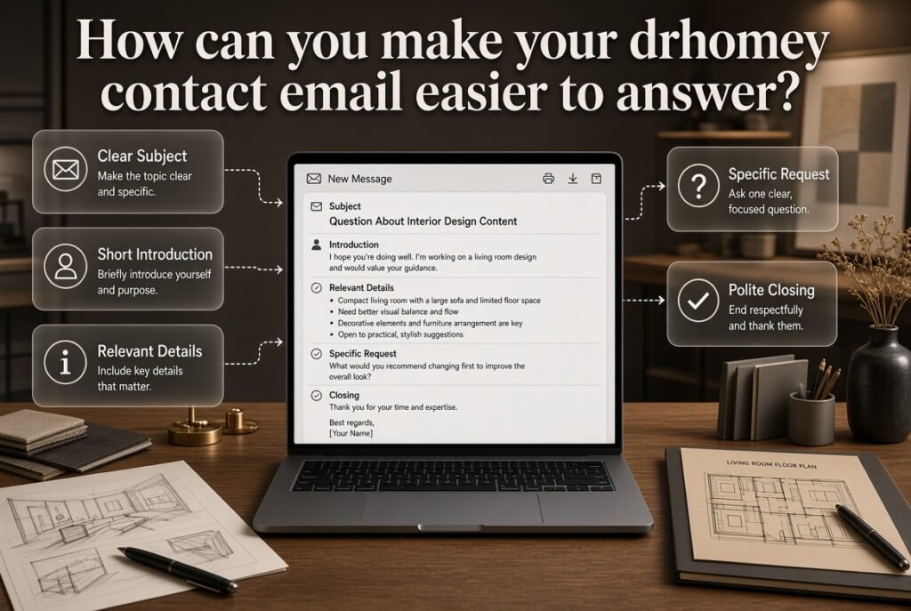 Drhomey contact email guide showing a clear subject, relevant details, specific request, and polite closing in a modern workspace.