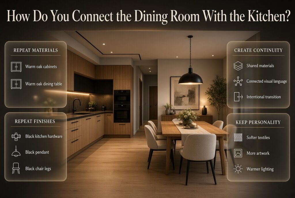Modern open-plan dining room and kitchen connected through matching oak materials, black accents, lighting, and cohesive interior design.