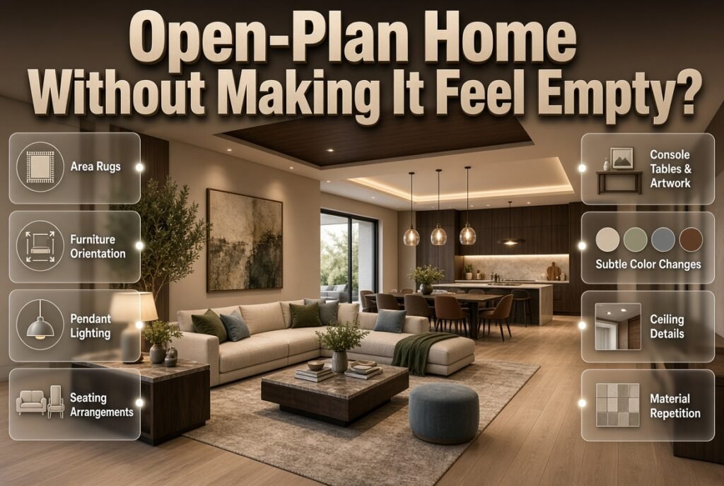 Open-plan home design using rugs, furniture zones, pendant lighting, repeated materials, and coordinated colors for a cohesive space.