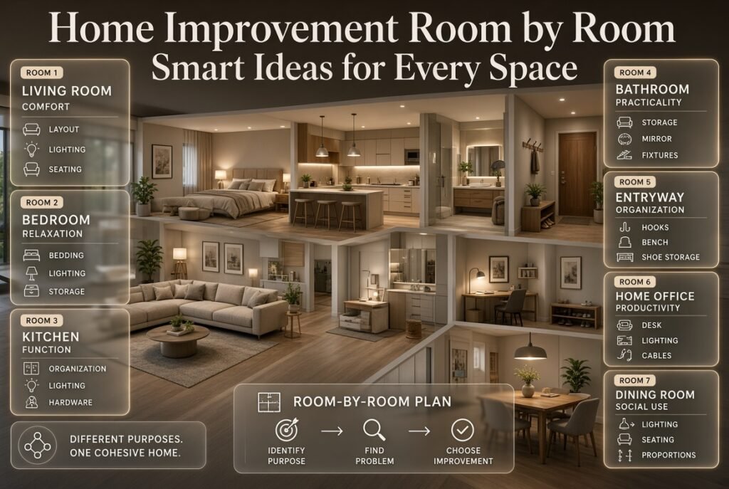 Room-by-room home improvement guide covering living room, bedroom, kitchen, bathroom, entryway, office, and dining room priorities.