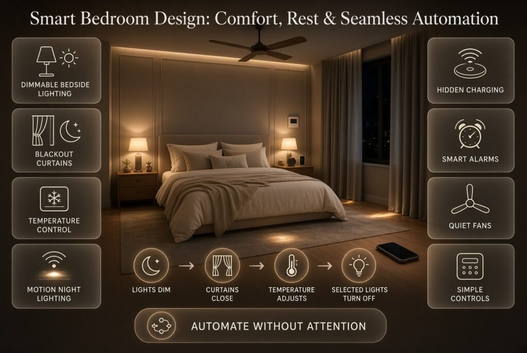 Smart bedroom design showing dimmable lighting, blackout curtains, temperature control, hidden charging, and subtle automation.