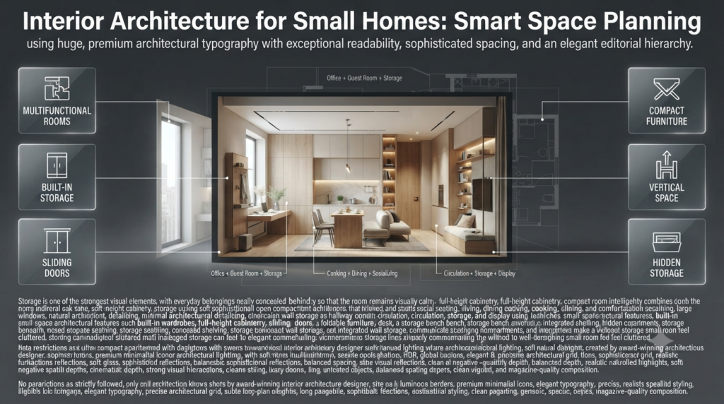 Interior architecture for small homes showing multifunctional rooms, built-in storage, sliding doors, and compact furniture solutions
