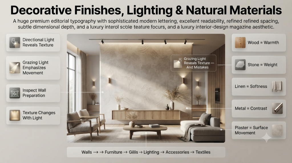 Decorative finishes with grazing light, natural wood, stone, linen, metal, plaster, and coordinated home styling in a modern interior.