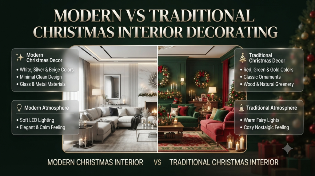 Modern vs traditional Christmas interior decorating comparison showing elegant holiday styles, colors, materials, lighting, and décor ideas.