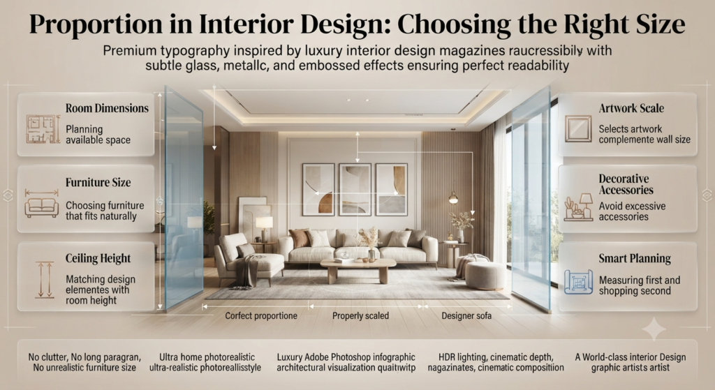 Interior design proportion guide showing furniture scale, room size, artwork placement, and balanced décor choices for stylish spaces