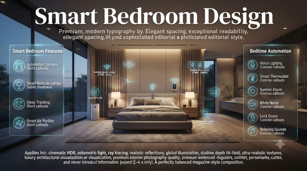 Luxury smart bedroom featuring automated curtains, warm smart lighting, voice-controlled devices, sleep technology, and intelligent climate control for restful sleep.