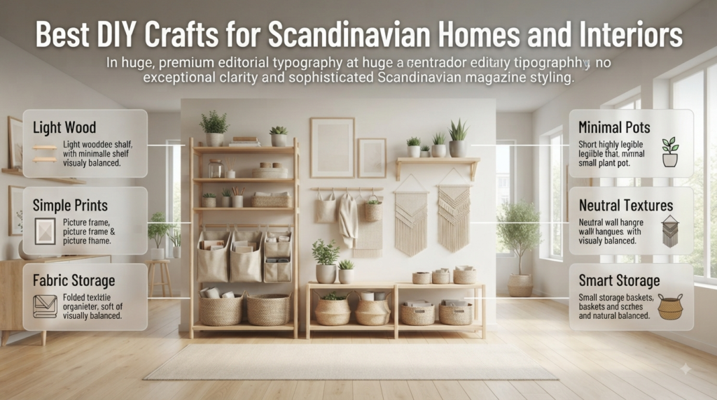 Scandinavian DIY crafts featuring light wooden shelves, framed prints, fabric organizers, plant pots, wall hangings, and baskets.