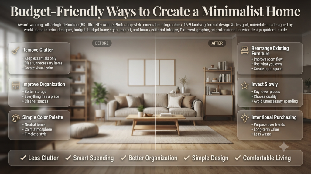 Budget-friendly minimalist home design featuring decluttering, smart organization, simple colors, rearranged furniture, and affordable timeless interior ideas.