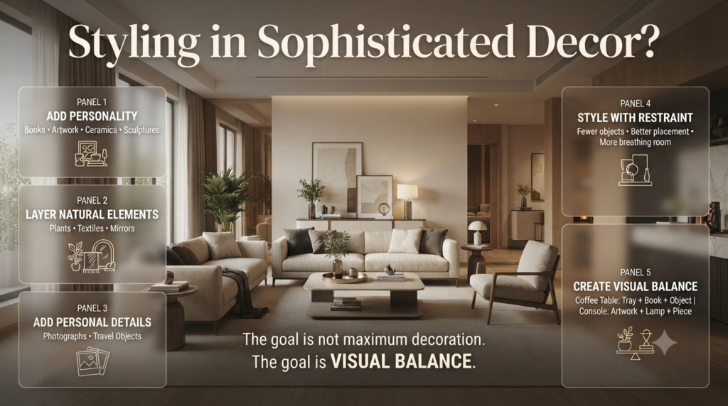 Sophisticated decor styling with artwork, books, ceramics, plants, mirrors, textiles, and balanced decorative arrangements.