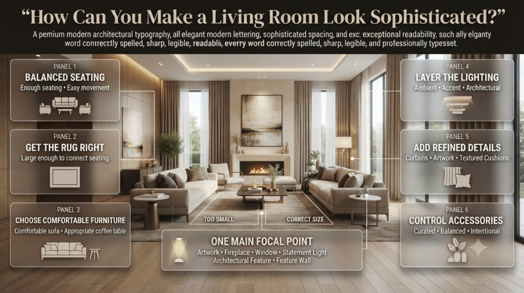 Sophisticated living room with balanced seating, correctly sized rug, layered lighting, artwork, curtains, cushions, and focal point.