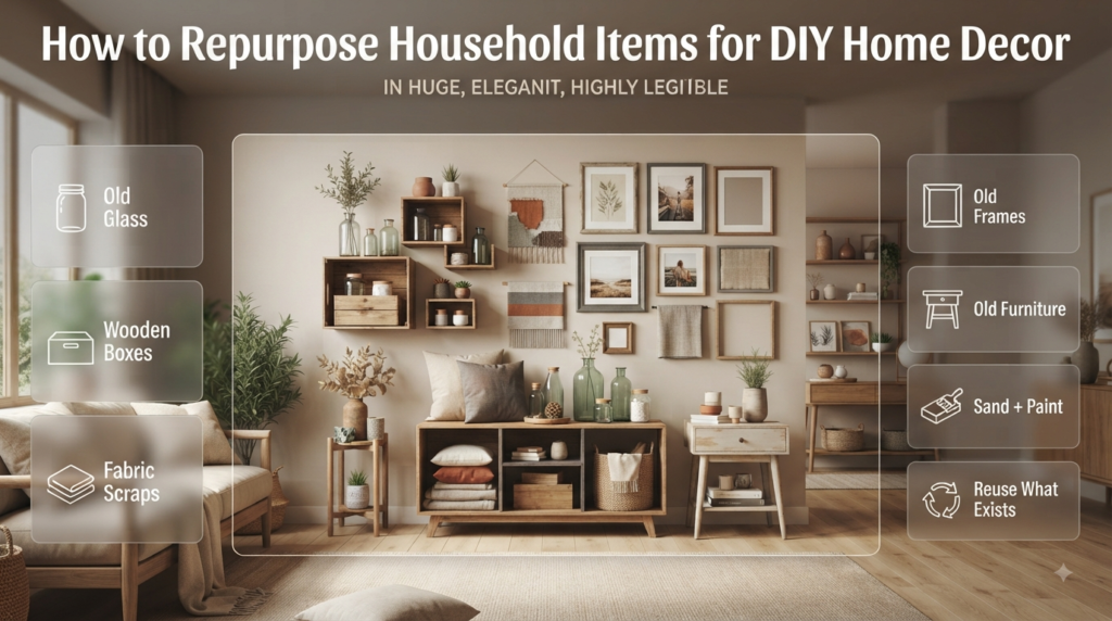 Repurposed household items transformed into DIY home decor using old glass containers, wooden boxes, fabric, frames, and furniture.