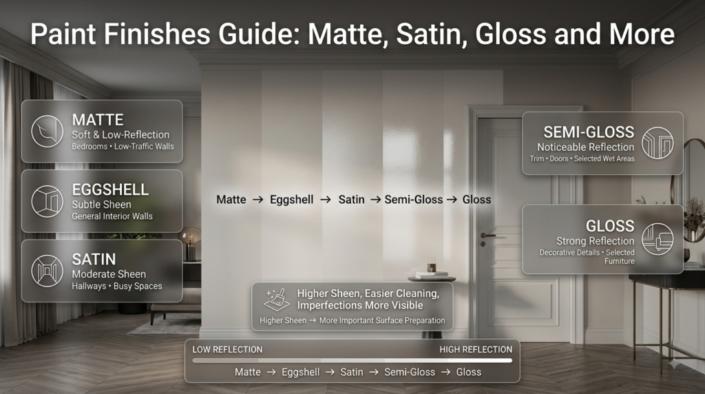 Paint finishes comparison showing matte, eggshell, satin, semi-gloss, and gloss finishes for walls, trim, doors, and furniture.