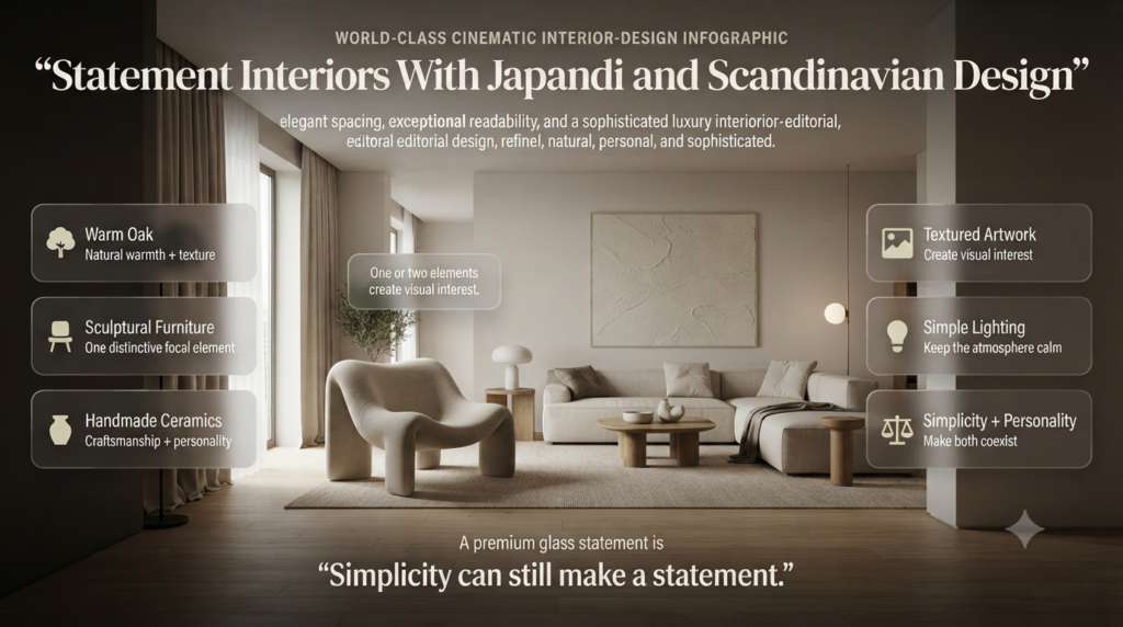 Japandi and Scandinavian interior with warm oak, neutral walls, sculptural chair, handmade ceramics, and textured artwork.