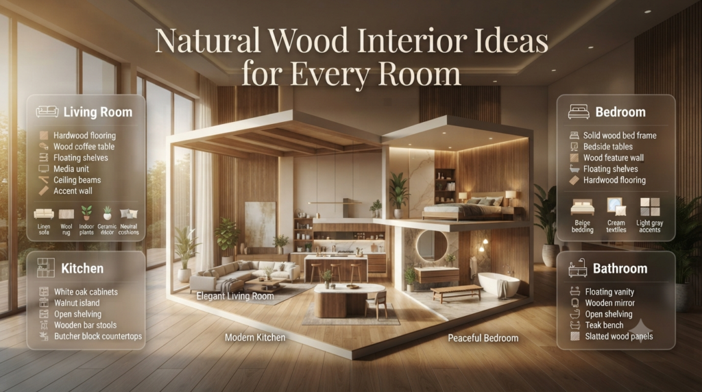 Luxury infographic featuring natural wood interior ideas for living rooms, kitchens, bedrooms, and bathrooms with modern furniture and décor inspiration.