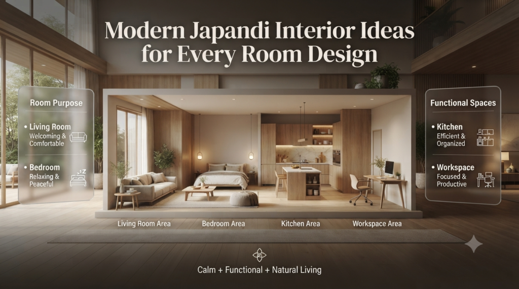 Modern Japandi interior ideas for living rooms, bedrooms, kitchens, and workspaces featuring calm colors, natural materials, and functional design