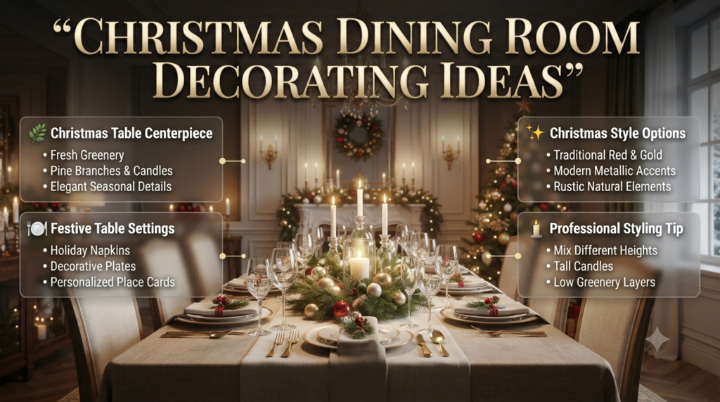 Christmas dining room decorating ideas featuring festive table settings, greenery centerpieces, candles, elegant décor, and holiday dining style.