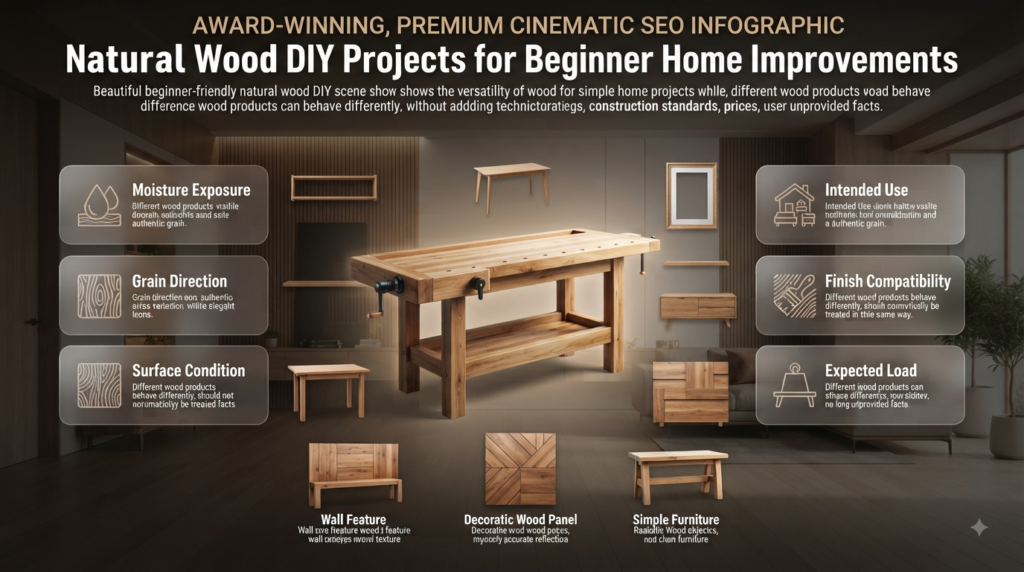 Natural wood DIY infographic showing beginner projects including shelves, tables, frames, storage, wall features, and simple furniture.