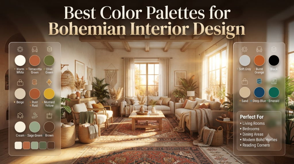A bohemian living room showcasing earthy color palettes with warm white, beige, cream, sage green, terracotta, olive, mustard, rust, and natural wood accents.