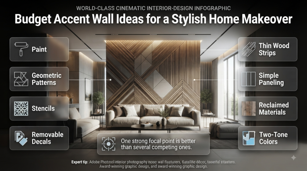 Budget accent wall ideas using paint, geometric patterns, stencils, decals, wood strips, paneling, and two-tone colors.