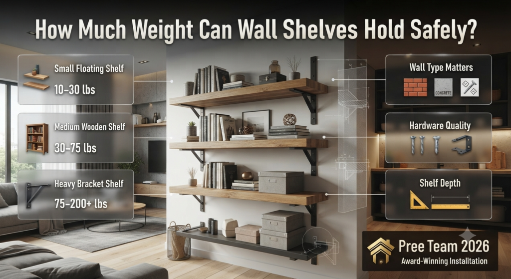 Wall shelf weight capacity guide showing floating shelves, bracket strength, wall types, mounting hardware, and safe storage limits.