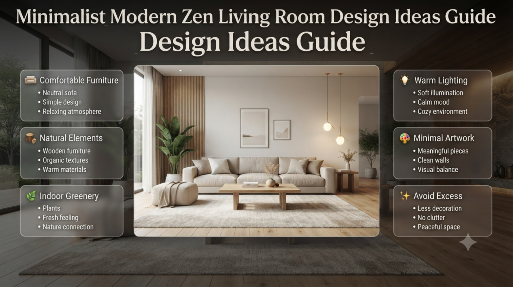 Minimalist modern Zen living room featuring neutral sofa, wooden coffee table, indoor plants, warm lighting, and peaceful décor ideas