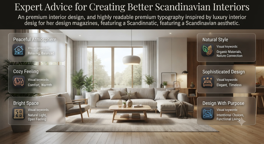 Professional Scandinavian interior design advice showing balanced spaces, cozy atmosphere, natural materials, and Nordic styling tips