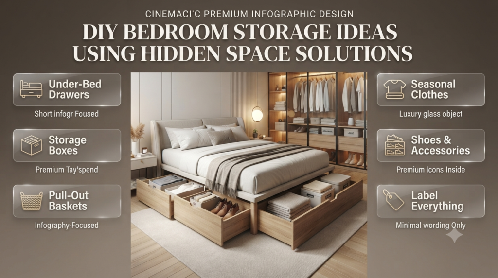 DIY bedroom storage ideas featuring under-bed drawers, storage boxes, hidden organization, and space-saving solutions for clothes and accessories.