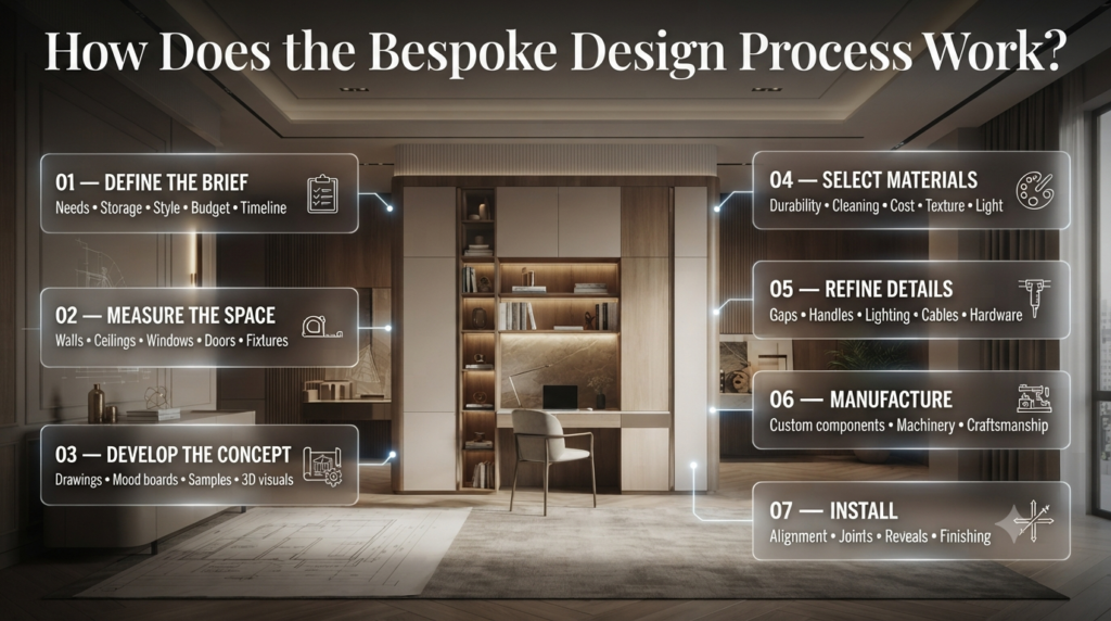 Bespoke design process showing briefing, measuring, concept development, material selection, manufacturing, and installation stages.