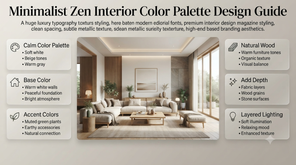 Minimalist Zen interior color palette featuring warm white walls, natural wood furniture, earthy tones, and peaceful design elements