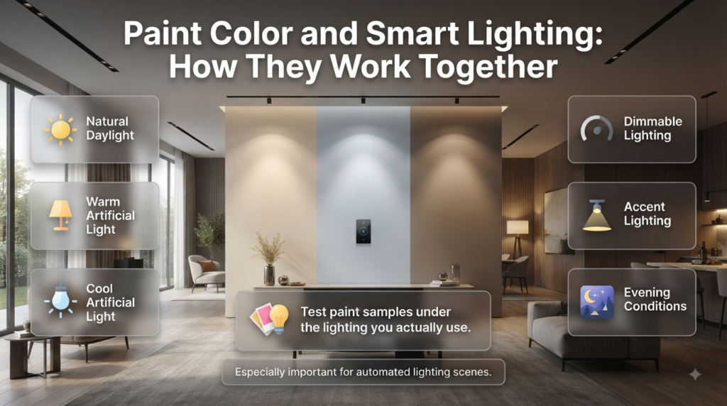 Paint color and smart lighting infographic showing how daylight, warm, cool, dimmable, and accent lighting change wall color.