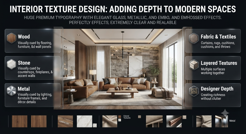 Interior texture design showing wood, stone, metal, fabric, and layered materials creating depth and luxury in modern rooms