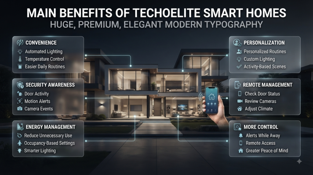 Techoelite smart homes offering convenience, security awareness, energy management, personalization, and remote home control.