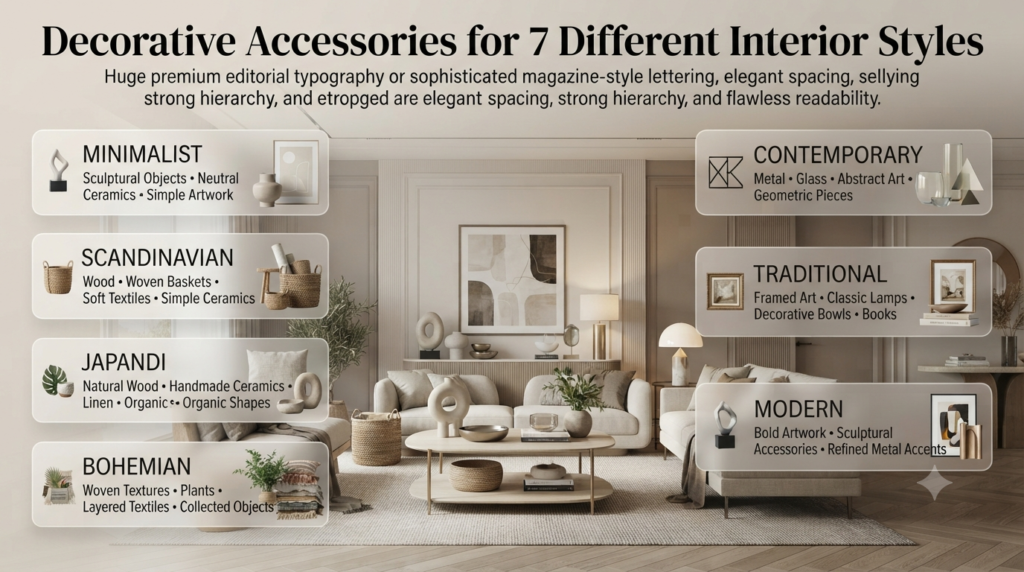 Interior design infographic matching decorative accessories with minimalist, contemporary, Scandinavian, Japandi, traditional, bohemian, and modern styles.