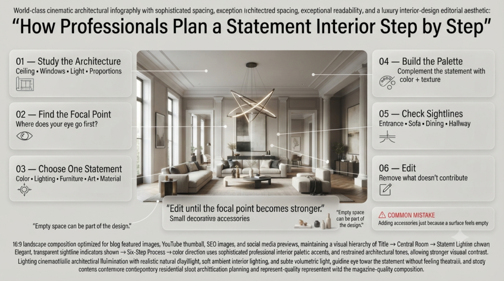 Professional statement interior planning showing architecture, focal points, supporting palettes, sightlines, and careful visual editing.