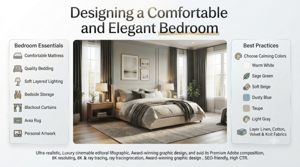 Luxury bedroom infographic featuring calming colors, layered bedding, soft lighting, blackout curtains, and elegant décor for a peaceful, stylish retreat.