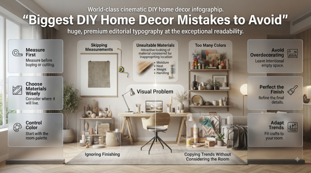 Common DIY home decor mistakes including poor measurements, unsuitable materials, too many colors, overdecorating, and rough finishing.