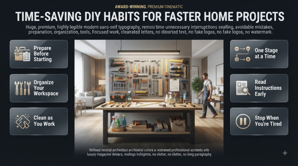 DIY time-saving infographic showing workspace preparation, organization, cleaning, step-by-step work, instructions, and avoiding fatigue.
