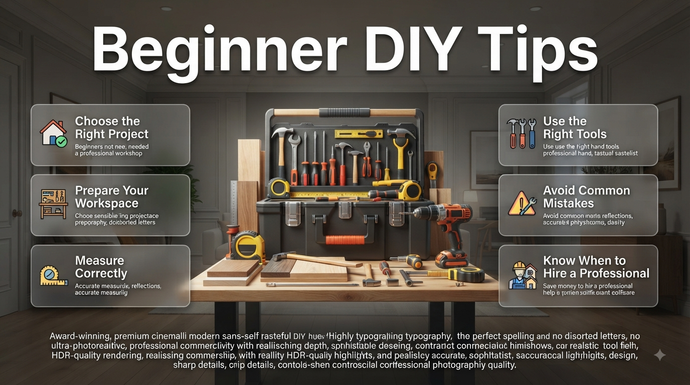Beginner DIY tips infographic showing essential tools, safe preparation, accurate measuring, and simple home improvement projects.Beginner DIY Tips for Easy and Safe Home Projects