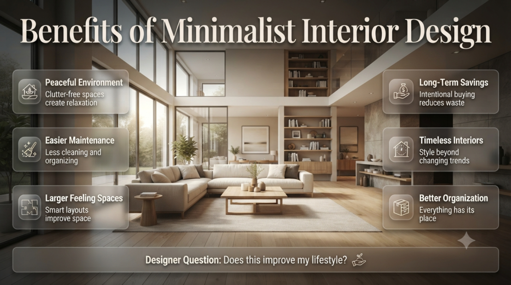 Minimalist interior design benefits infographic showing peaceful spaces, easy maintenance, larger rooms, smart spending, timeless style, and better organization.