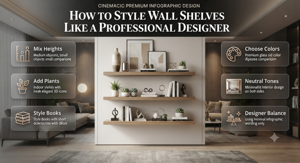 Wall shelf styling ideas with plants, books, décor arrangement, color themes, and professional interior design techniques for elegant spaces.