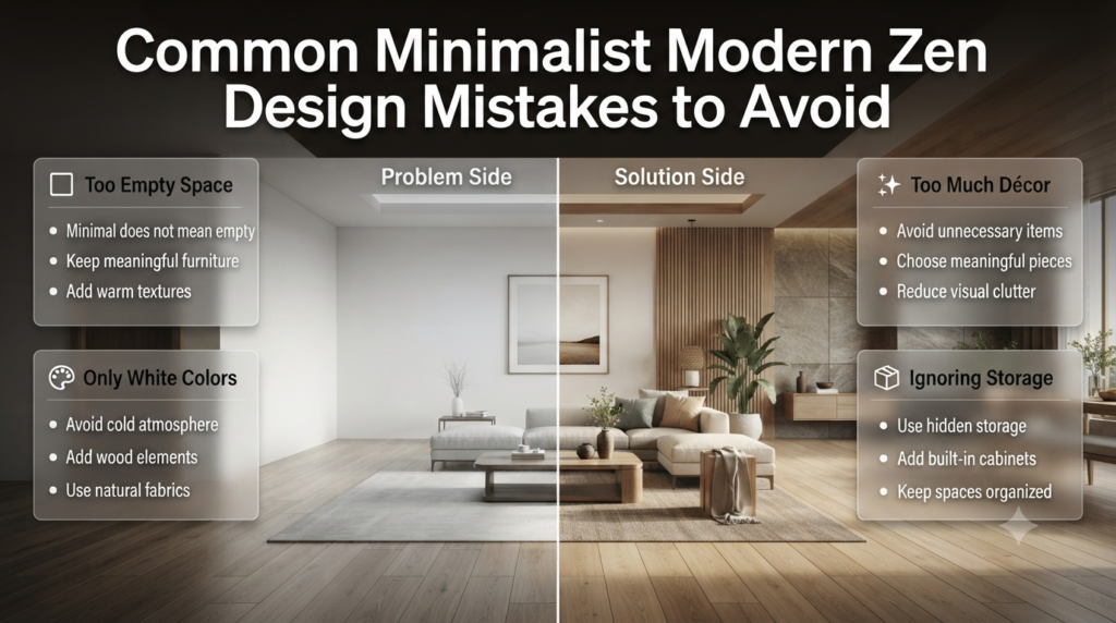 Minimalist modern Zen interior mistakes showing empty spaces, excessive white colors, cluttered décor, and poor storage solutions